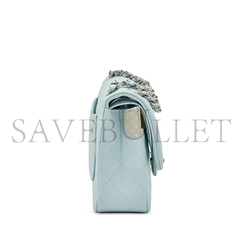CHANEL MASTER PALE BLUE QUILTED CAVIAR MEDIUM CLASSIC DOUBLE FLAP SILVER HARDWARE A01112 (25.5*15*7cm)